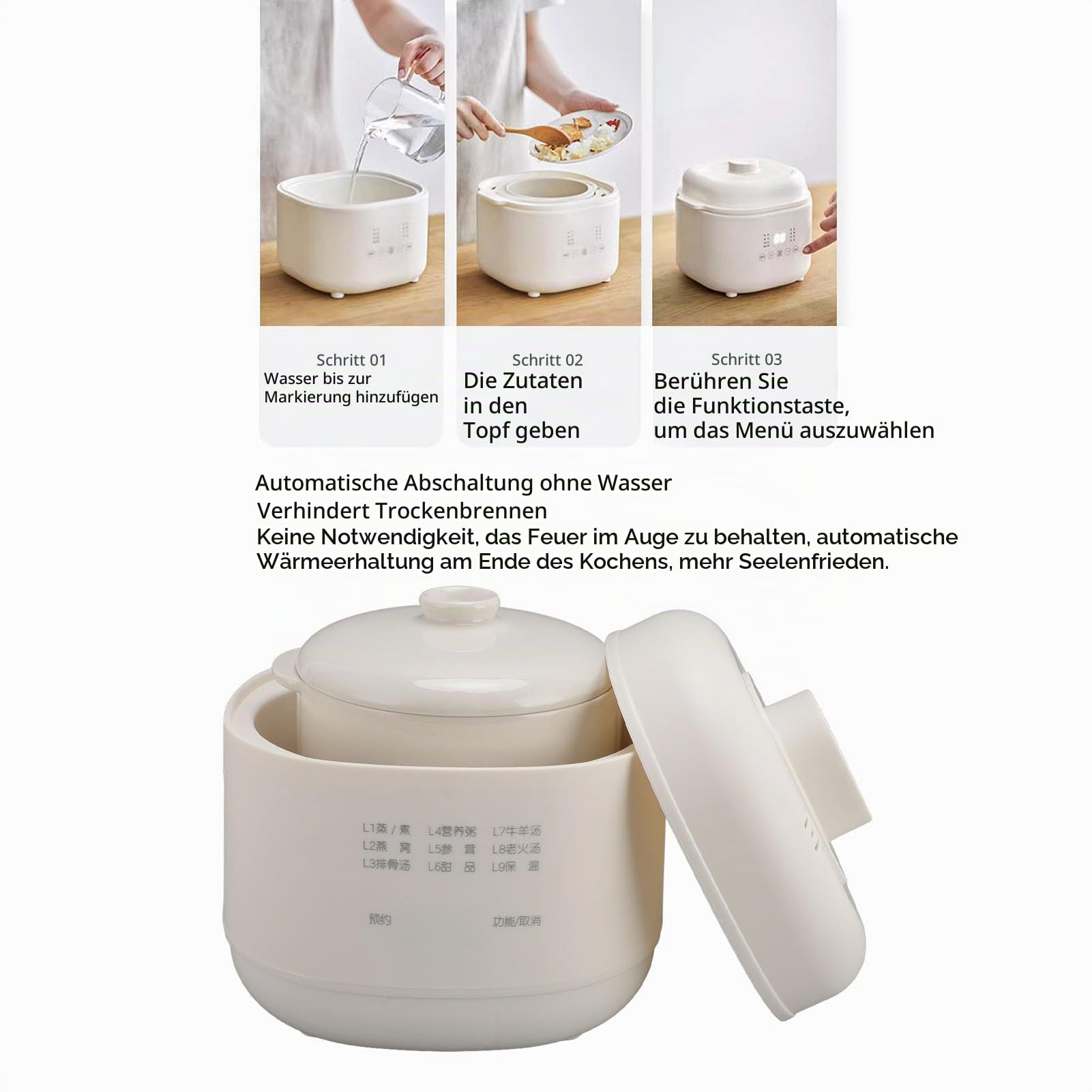 200-W-Keramik-Eintopfkocher, 1 L, Mini-Elektro-Slow-Cooker mit Timer-Deckel für die Heimküche, Anti-Dry-Burn-Suppen-Brei-Kocher (EU-Stecker 220 V)