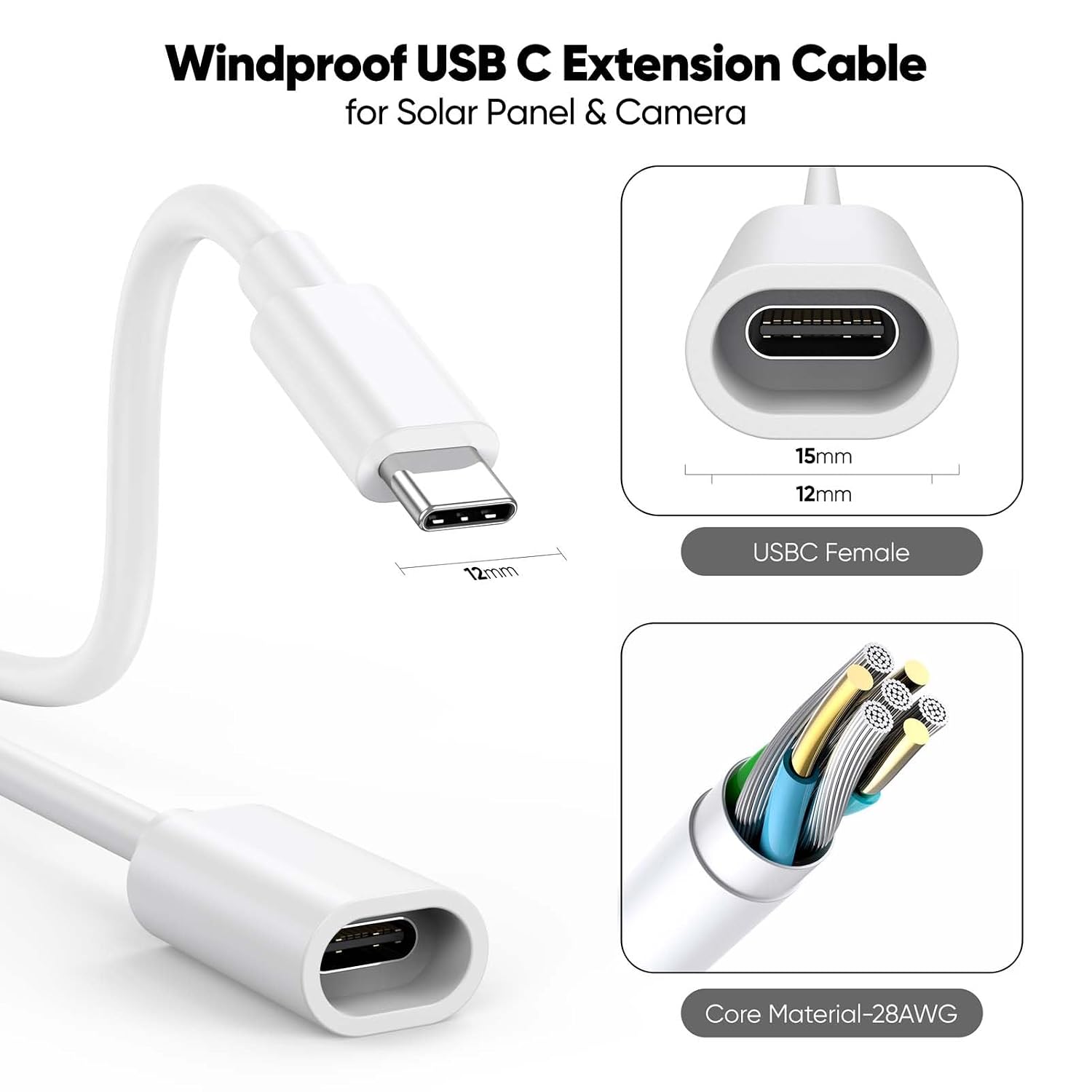 25FT USB C Extension Cable for Ring Solar Panel, White Waterproof USBC Male to Female Extender Cord Windproof,45W Power Charging Compatible with Ring Solar Panel,Security Camera,Mag-Safe Charger,Phone