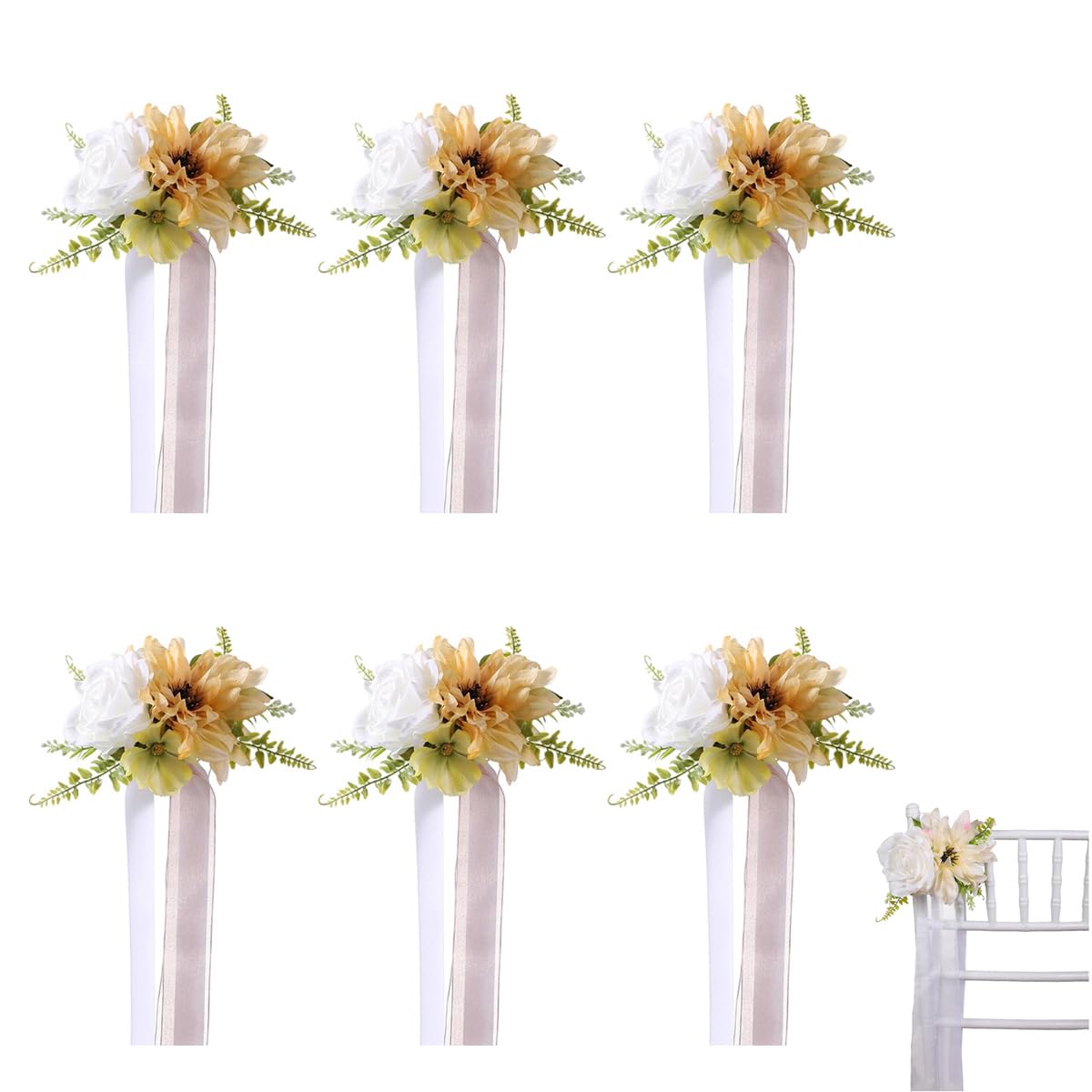 6 Stück Hochzeit Autoschmuck, Hochzeitsdeko, Vielseitige Hochzeits Stuhl Rückenblumen, Wiederverwendbare Künstliche Blume für Hochzeit, Zeremonie, Empfang, Blumendekorationen für Kirche Eigelb