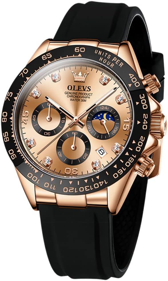 OLEVSWatch for Men Silicone Strap Chronograph Luxury Multifunction Dial Luminous Waterproof Calendar Moon Phase Analog Quartz Sports Wrist Watches, Rose Gold and Gold, strap