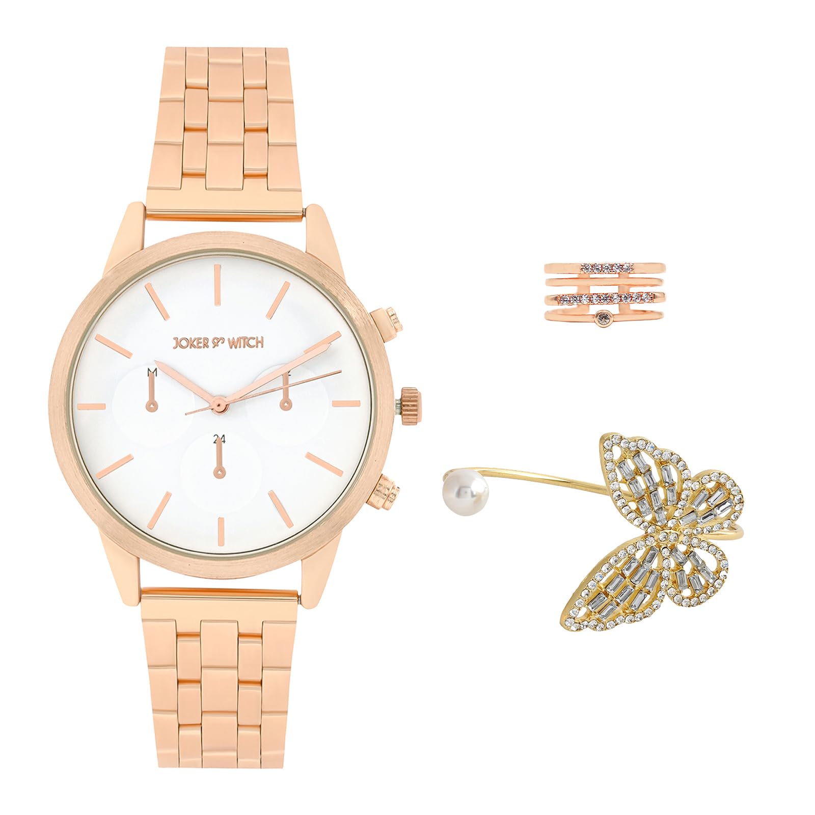 Joker & Witch Analog White Dial Rose Gold Band Emery Love triangle Womens Stainless Steel Watch Gift Sets (B0CC4ZTMG7) Amazon Price History, Amazon Price Tracker