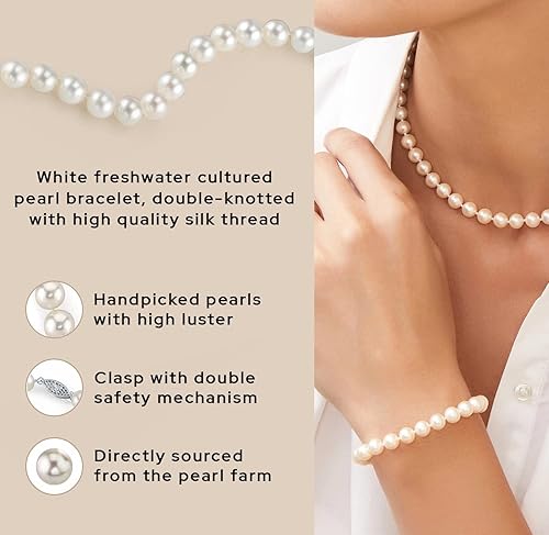 Miniatura 5 de The Pearl Source Pulsera de perlas blancas de agua dulce para mujer, pulsera de perlas cultivadas con cierre chapado en oro de 14 quilates con