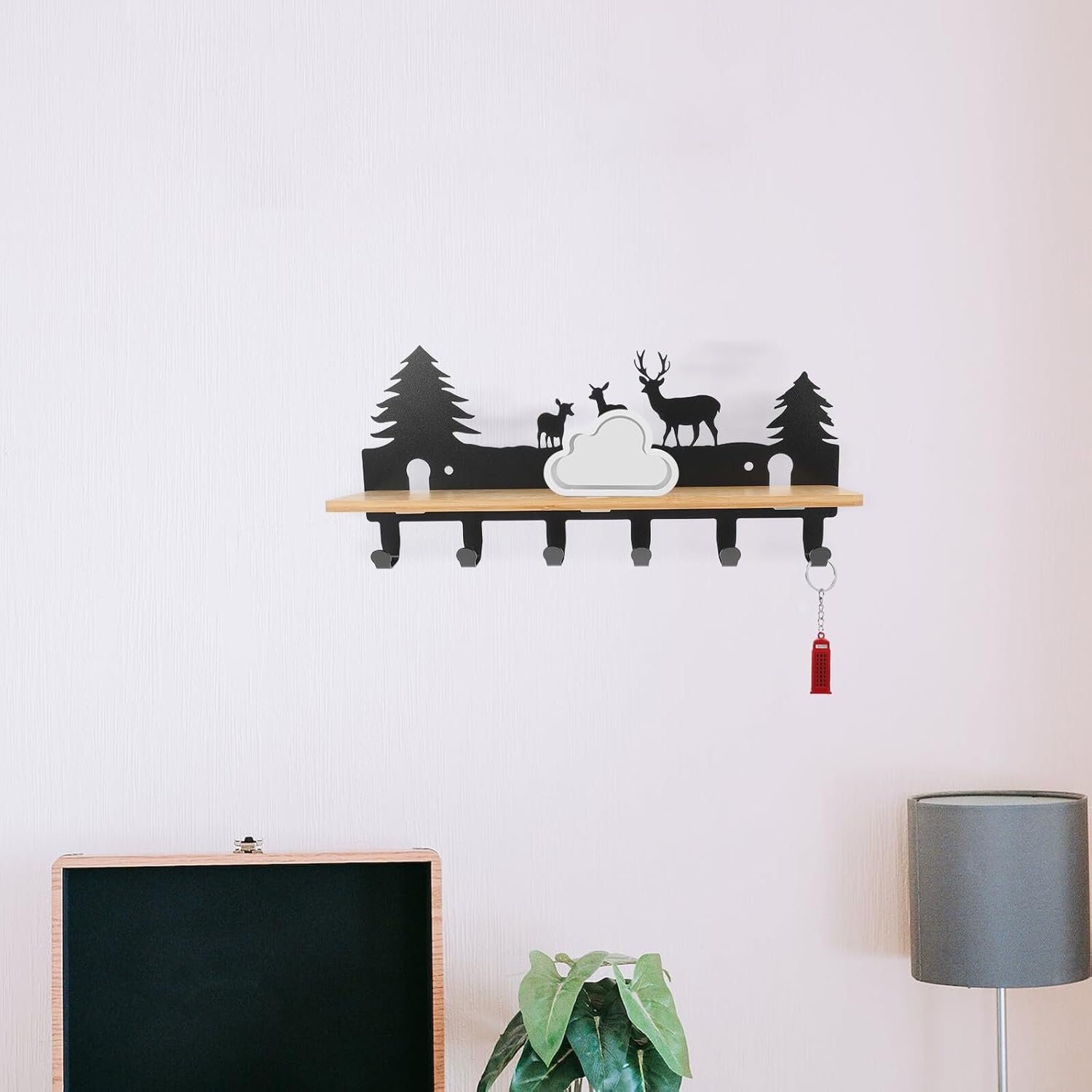 SECFOU Wall Mounted Key Holder with 6 Hooks Black Metal Iron Art Silhouette Deer Design Decorative Entryway Mail Organizer Rack for Home Storage and Organization