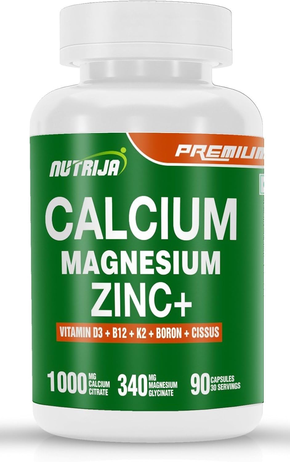 NutriJa Calcium Magnesium Zinc with Vitamin D3, Boron, K2 & B12 | Complete Bone Health & Joint Support Supplement for Men & Women (90 Capsules)
