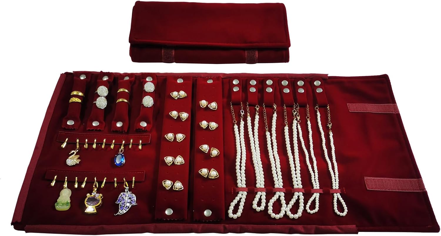 Portable Jewelry Roll Organizer, Velvet Travel Case with 4 Compartments, Storage for Necklaces, Rings, Earrings, Pendants (Red)