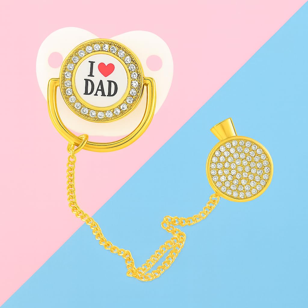 DTR Creation Bling Baby Pacifier with Decorative Chain – BPA-Free Silicone Nipple | I Love Dad Design | White & Gold-image-44