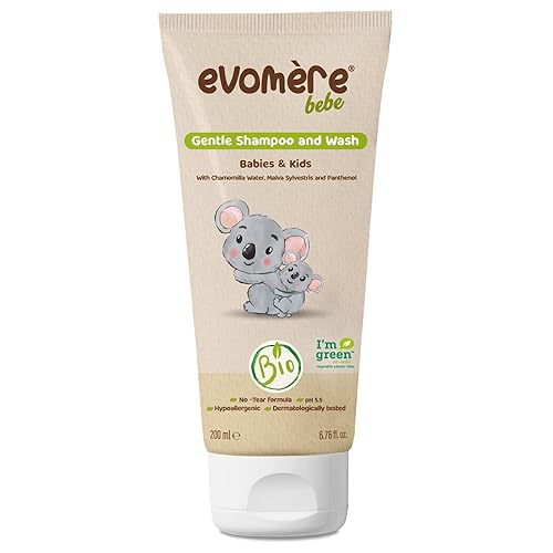 Evomere bebe Champú suave y lavado para bebés y niños, fórmula bio, sin desgarros, hipoalergénico, 200 mL 6.76 onzas líquidas