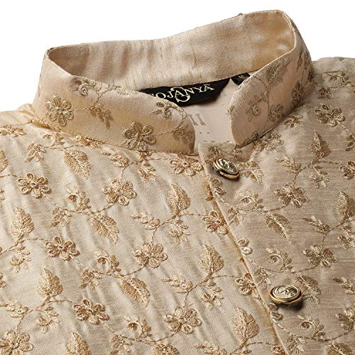 Image of SOJANYA (Since 1958 Men's Cotton Linen Maroon Kurta and White Pyjama with Mustard Cotton Nehru Jacket