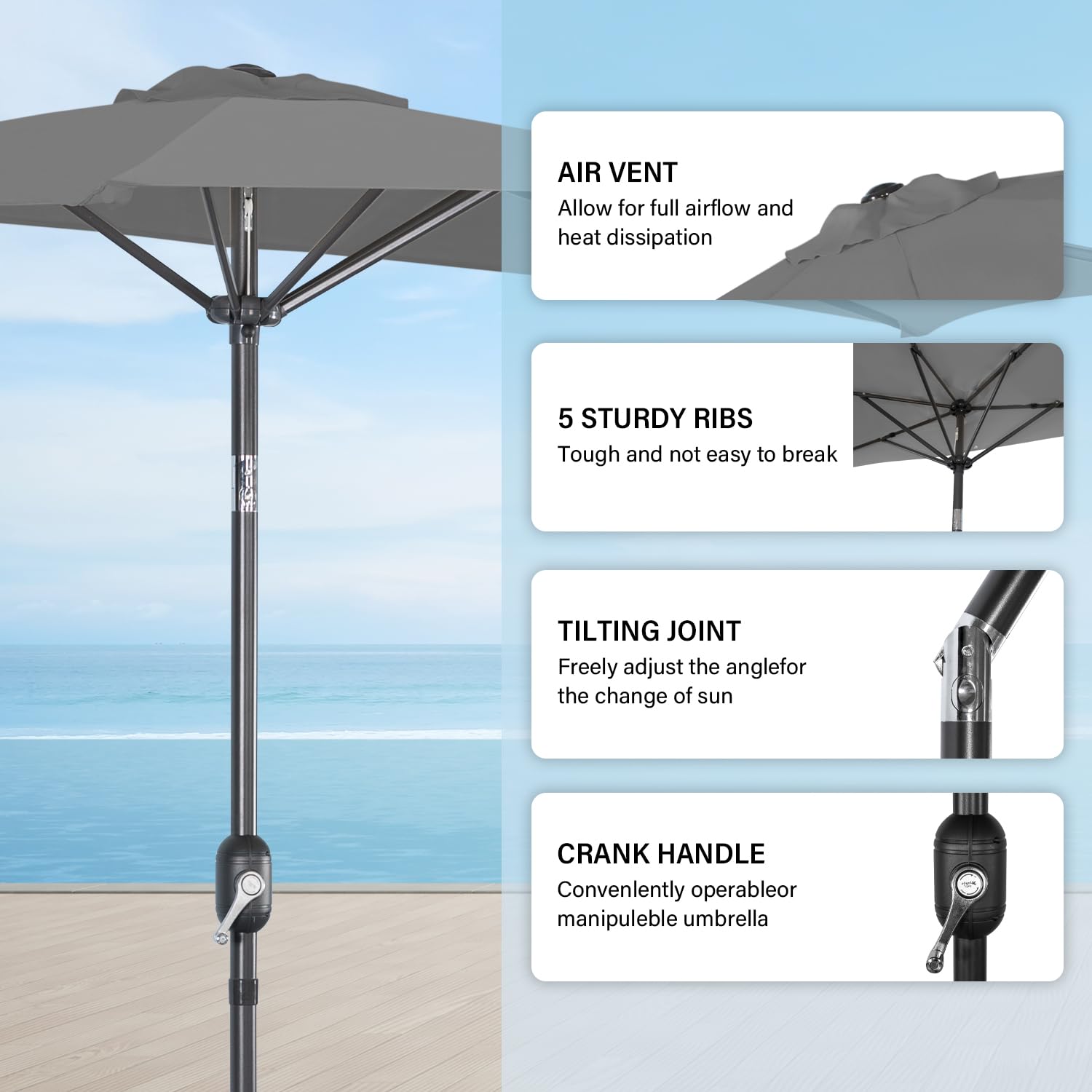 Angel Living Półparasol przeciwsłoneczny, 2,7 m, z korbą i pochyleniem, ochrona przed promieniowaniem UV, na taras, basen, balkon i do ogrodu