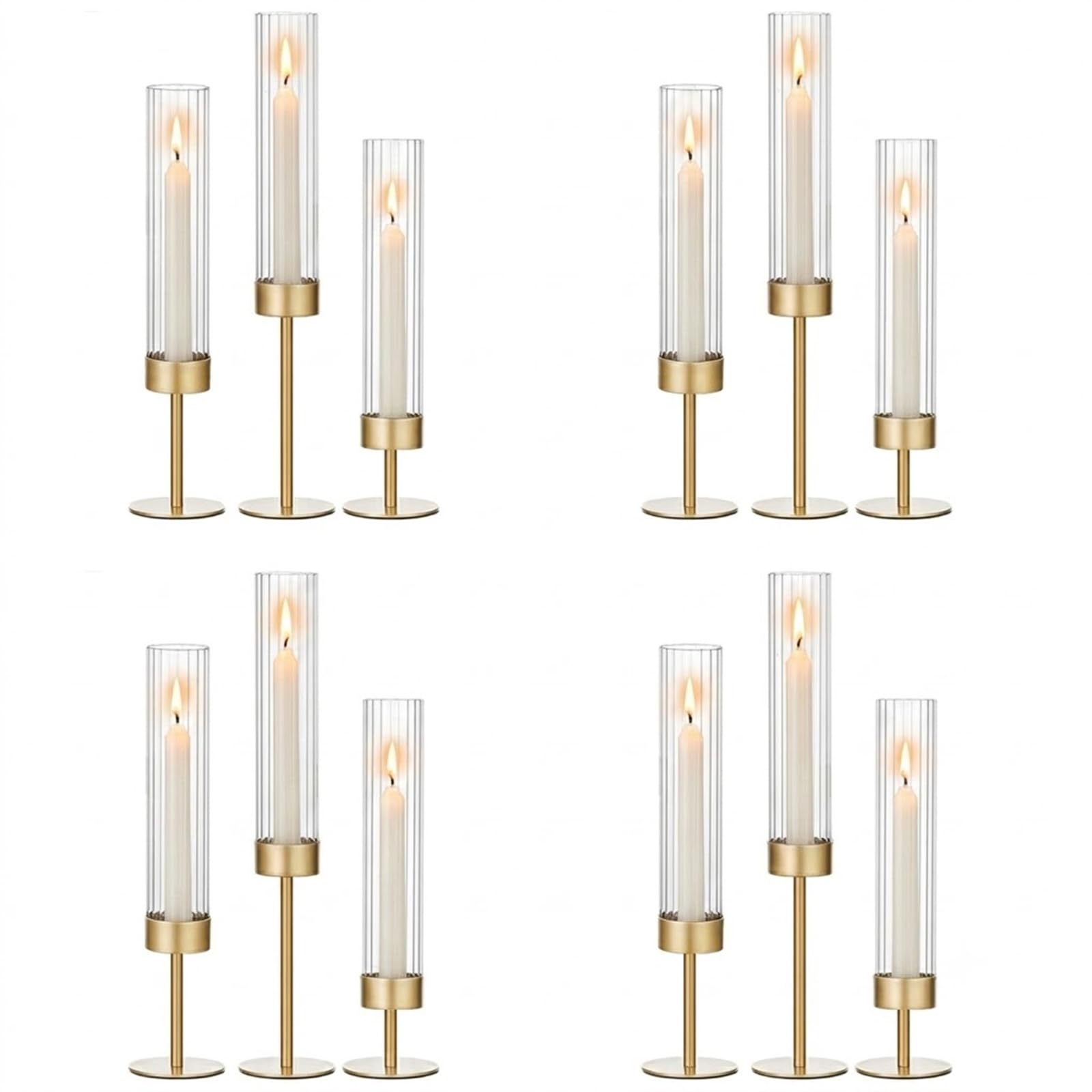 Portavelas dorado Hurricane – Juego de 12 portavelas de latón cónico alto de vidrio estriado, decoración para bodas, fiestas, centros de mesa, mesa de comedor, mantel de Navidad