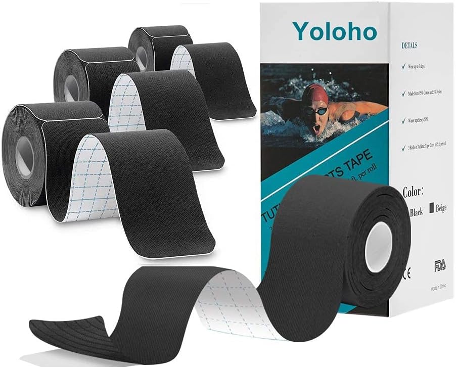 Nеw Prоduсt Kinesiology Tape 3 Rolls Precut, Yoloho Elastic Therapeutic Sports Tape for Shoulder, Knee, Elbow, Latex Free, Water Resistant, Breathable, 2 x 16.5 feet Per Roll, Total 60 Precut Strip (Black)