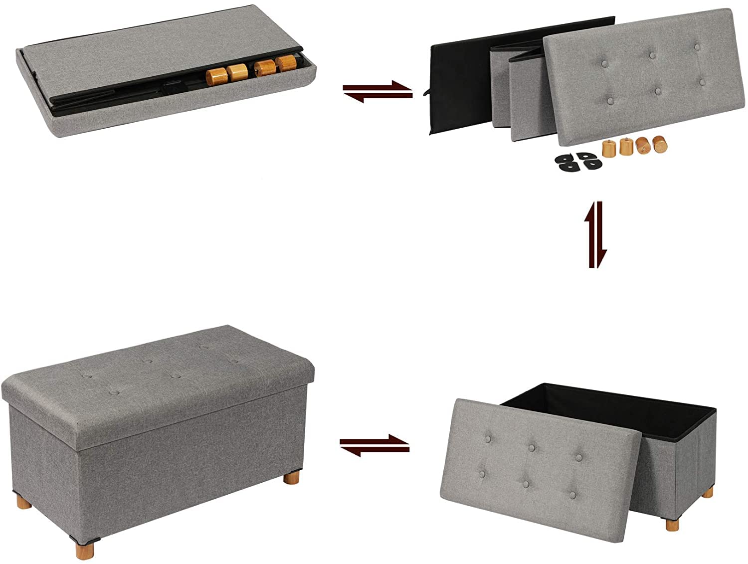 PINPLUS Folding Ottoman Coffee Table with Storage for Living Room,Footrest-Stool Large Linen Toy Chest with Tray,End of Bed Bench Grey (30"x 15"x 15.7")