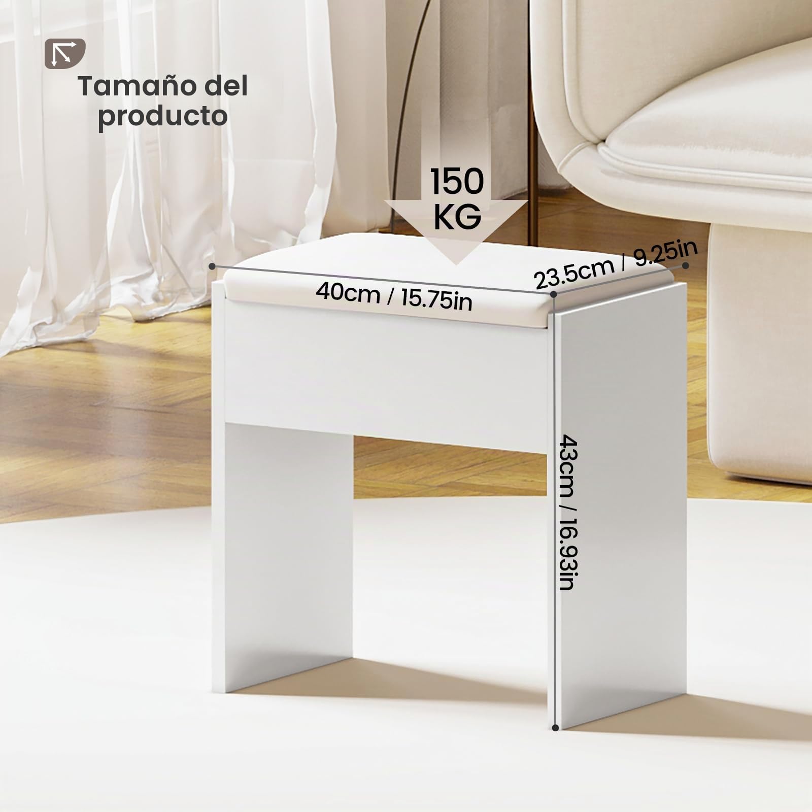 Taburete de Maquillaje de Madera Acolchado 40x23,5x43cm Blanco