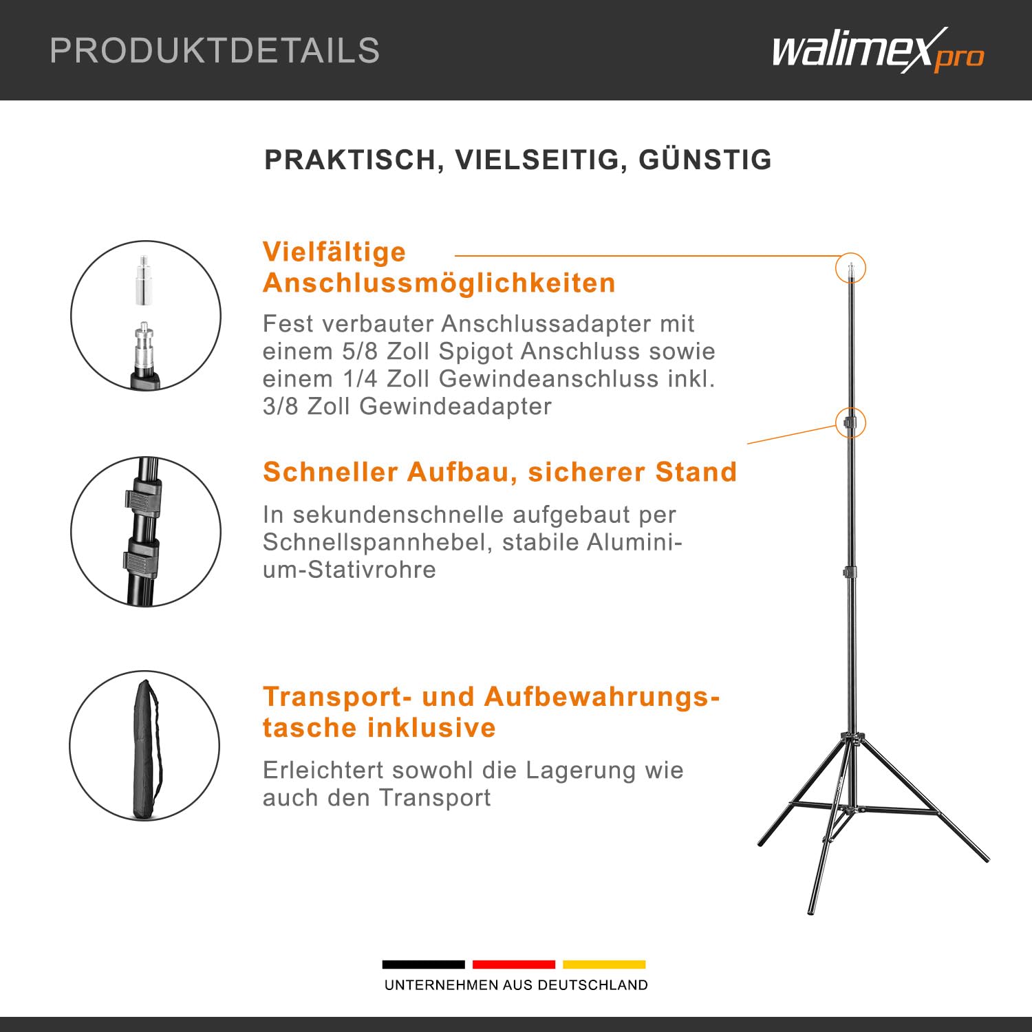 Walimex pro WT-803 Lampenstativ höhenverstellbar bis 208 cm, Lichtstativ aus Aluminium mit Tasche + Adapter, Studiostativ max. Traglast 3,5 kg, Blitzstativ für Studio und Mobil