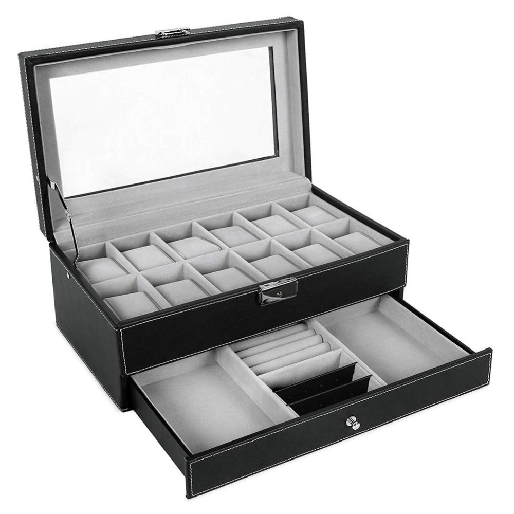 Maverton Boîte de Rangement avec Vitrine Gravée - Étui pour 12 Montres - Boite a Montre en Cuir Noir à Personnaliser - Cadeau Homme - Cadeau Noel - Cadeau Anniversaire - Lettrine