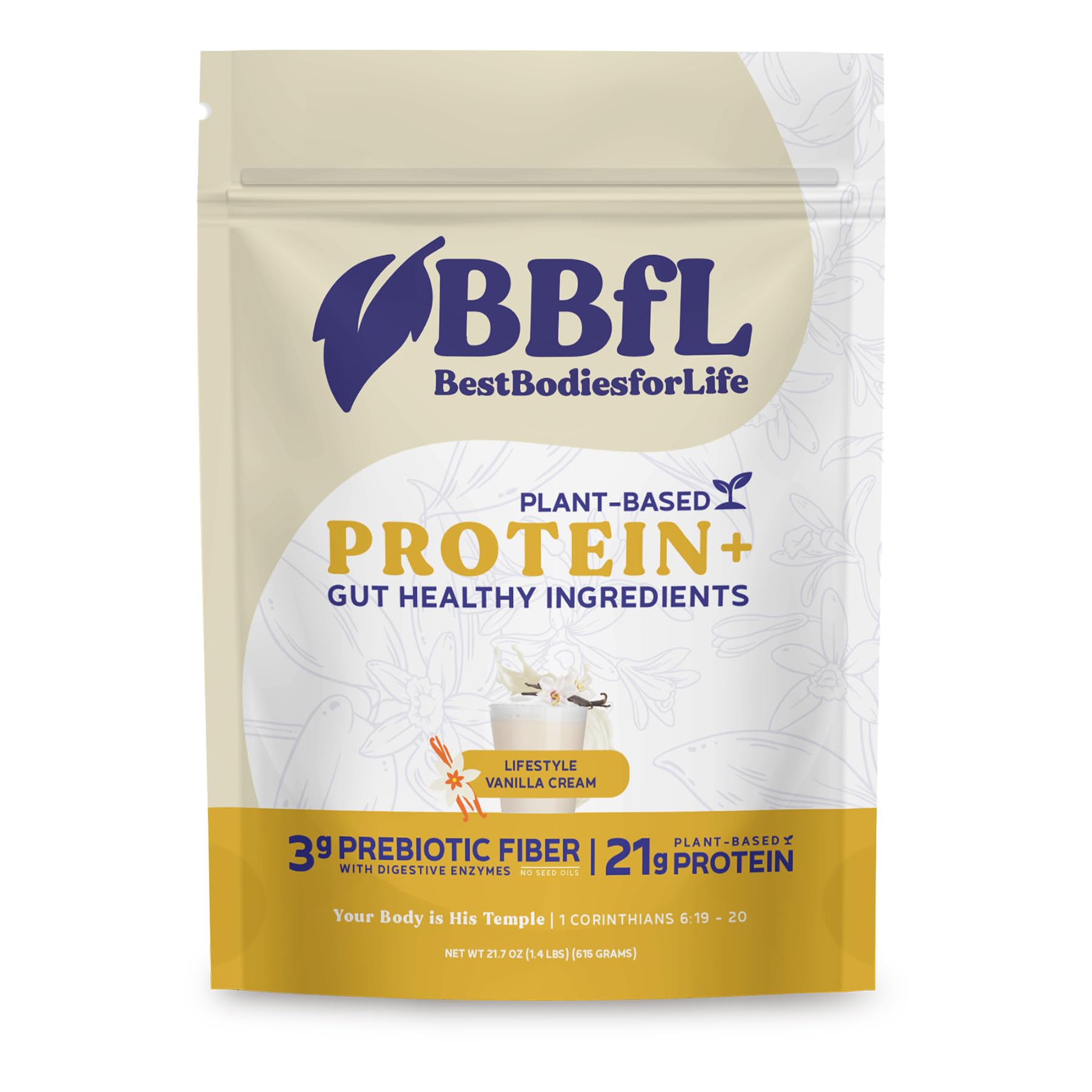BBfL Plant-Based Protein Shake – 21g Vegan Protein, Vanilla Bean + Apple Cider Vinegar, Prebiotics, Digestive Enzymes, Supports Gut Health –