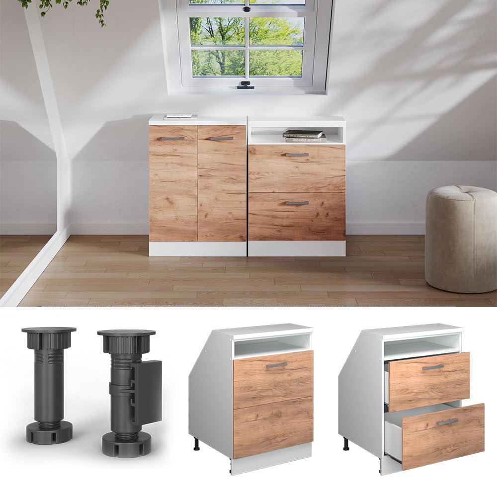 Vicco Meuble de Rangement sous Pente Rion, Chêne de Force doré/Blanc, L60 x P60 cm avec 2 tiroirs, Gain de Place pour Les pièces mansardées