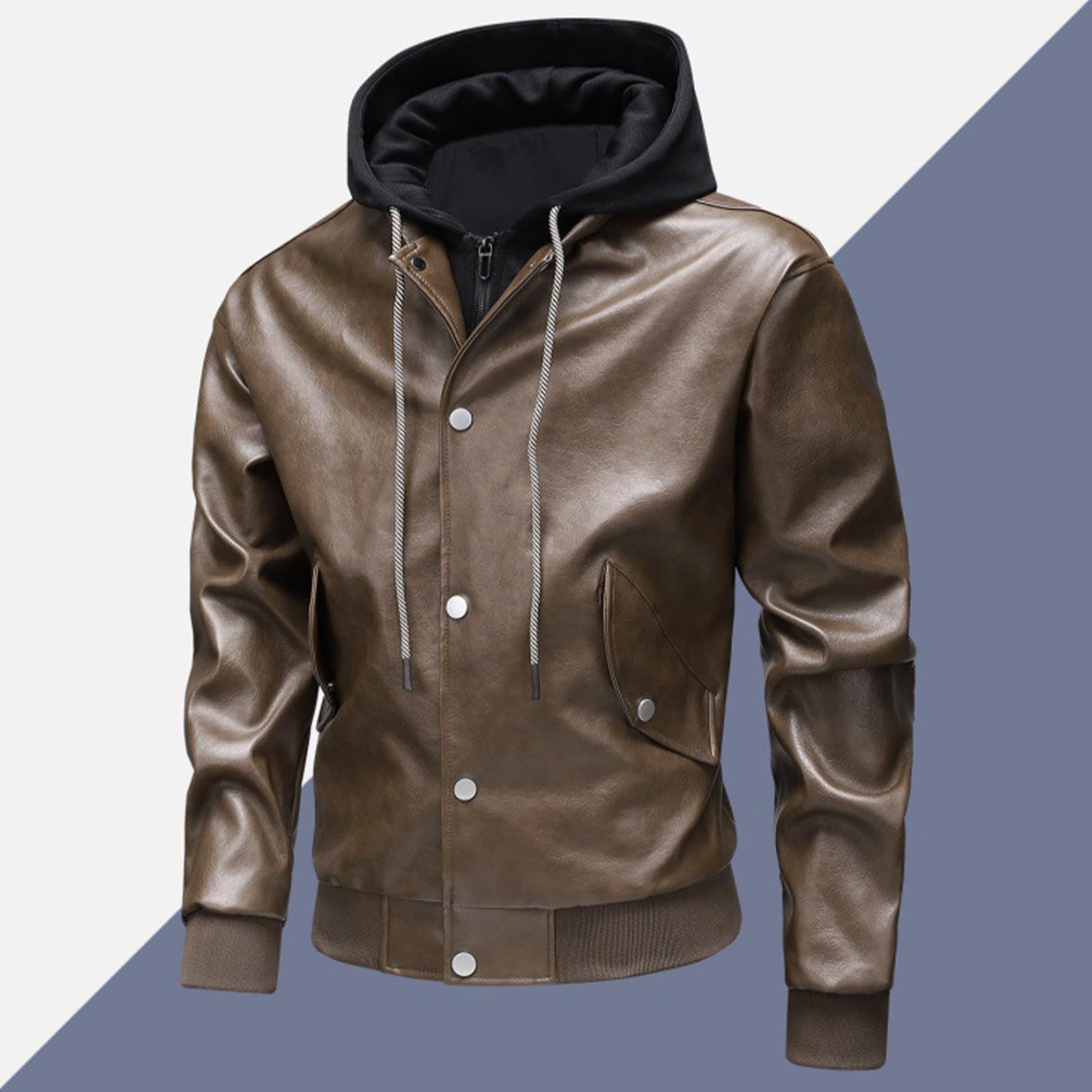 Giacca in pelle da uomo, vintage, in due pezzi, in similpelle, da uomo, con cappuccio, stile streetwear, da uomo, per attività all'aria aperta, con cappuccio