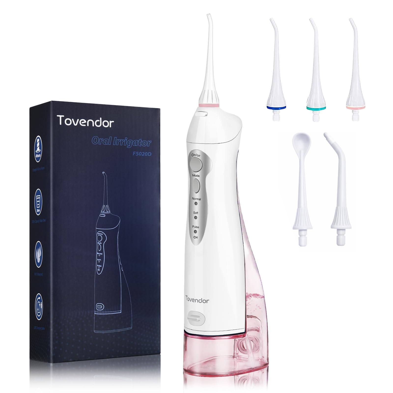 TOVENDOR Electric Water Flosser, Cordless Rechargeable Dental Oral Irrigator IPX7 Waterproof 300ML Travel Water Teeth Cleaner with 5 Tips for Braces Care Teeth Gums Cleaning, Home Office Daily Use