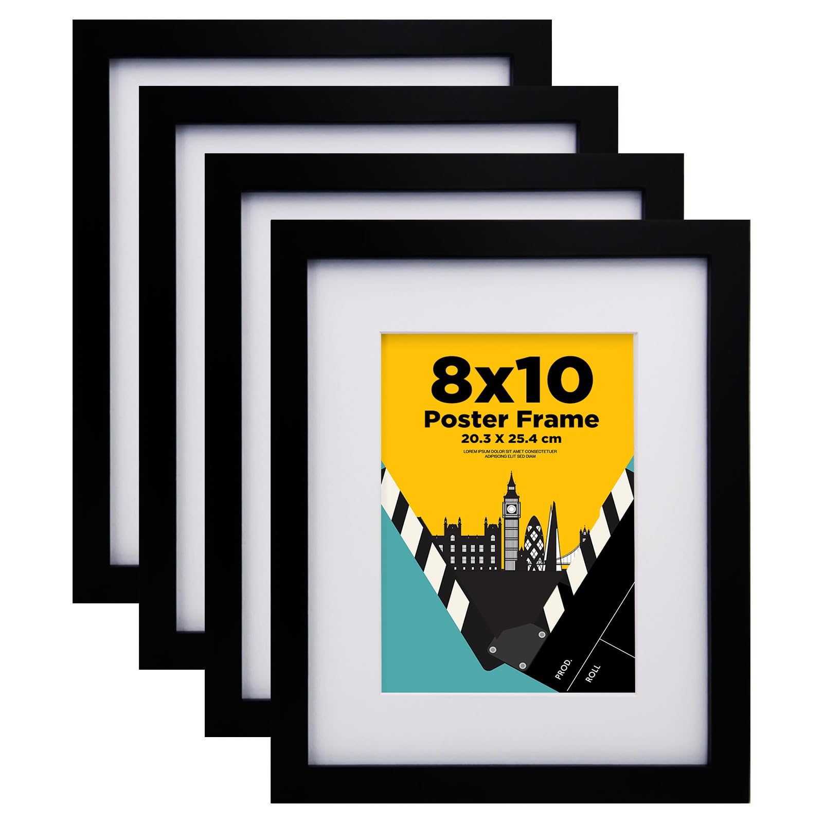 EGOFINE 10x8 Picture Frame,100% Solid Wood Frame with 7x5 Mat,10x8 Photo Frames with Plexiglass,20x25 cm Poster Frames for Tabletop and Wall Mounting,Black,4 Pack