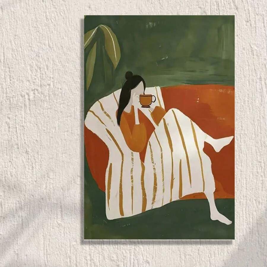lianyibo Lienzo minimalista moderno con una mujer vestida de naranja y una escena de café ideal para decorar la pared del dormitorio y la sala (20 x 30 cm/marco interior)