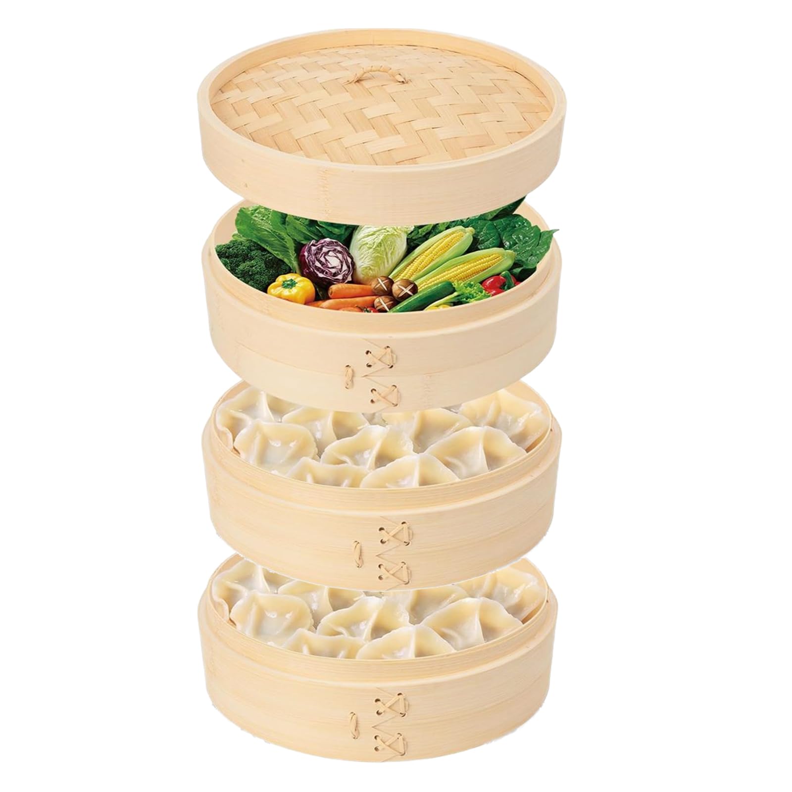 JMIATRY 3 Tier Bamboo Steamer 8 Inch Dumpling Steamer Basket With Side Handles Bamboo Steamers Basket With Lids for Steaming Cookware Asian Food, Bao Buns, Chinese Dim Sum, Dumpling