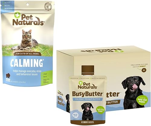 Pet Naturals Masticables calmantes para gatos, 30 masticables y BusyButter Mantequilla de maní calmante fácil de apretar para perros, 6 bolsas