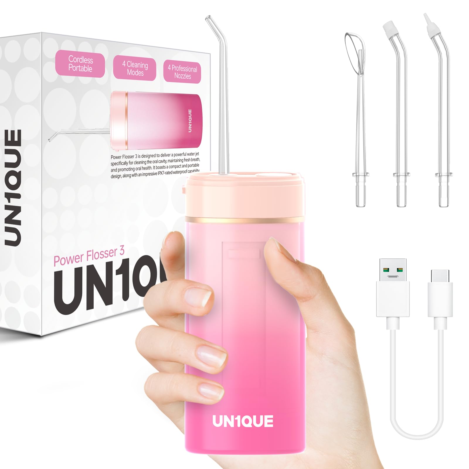 UN1QUE Water Flosser for teeth, 4 Nozzles, 4 Cleaning Modes,Portable, Cordless Type C Rechargeable, IPX7 Waterproof, Flossing for Home and Travel,365 Days Warranty (Pink) (B0D1C5Y3VG) Amazon Price History, Amazon Price Tracker
