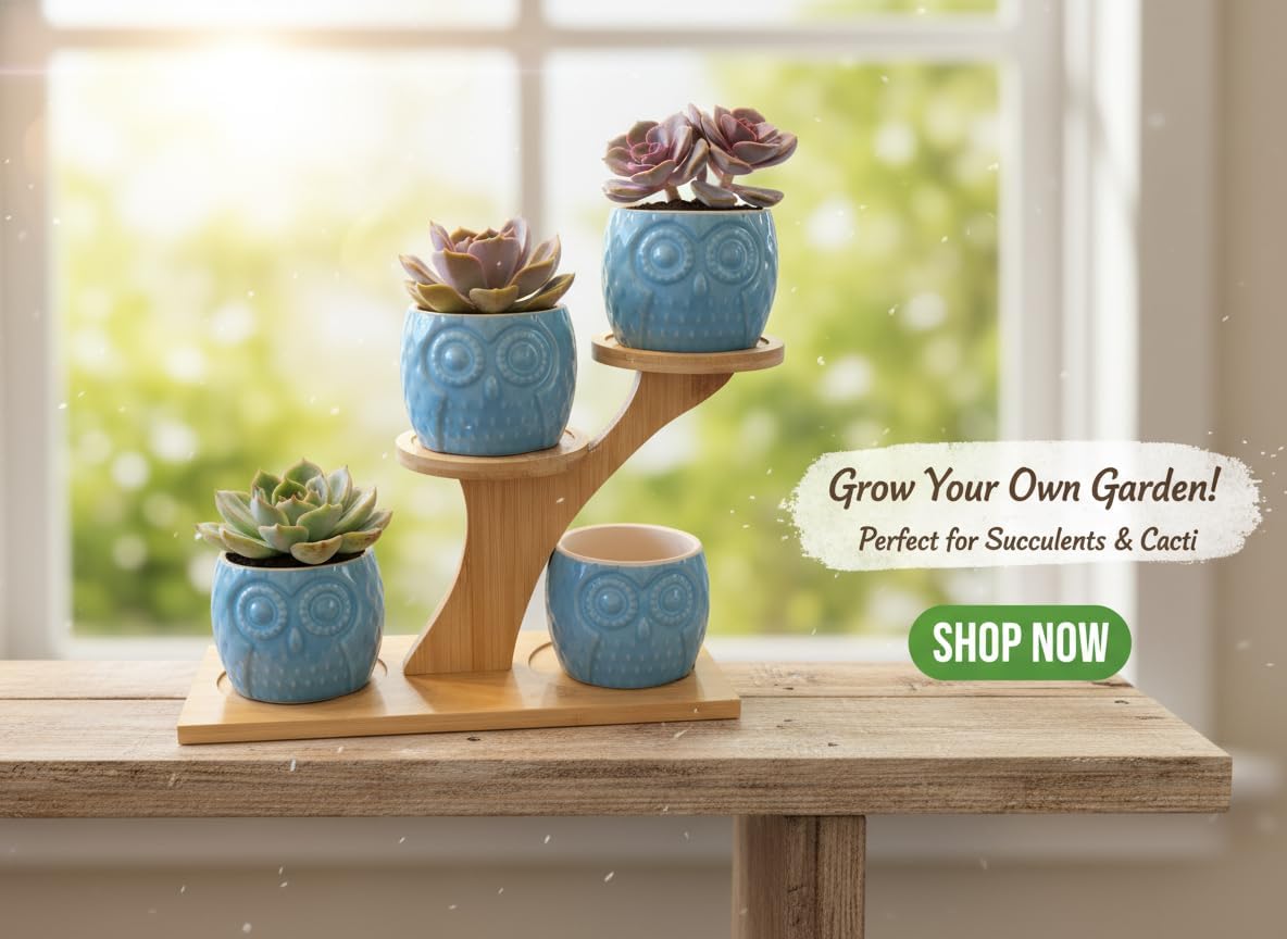 Blisse Wood Owl Planter Set for Home Décor - Blue Ceramic Owl Pots with Wooden Stand, Cute Indoor Succulent & Tabletop Planters for Shelves, Windowsills & Gifts image 3