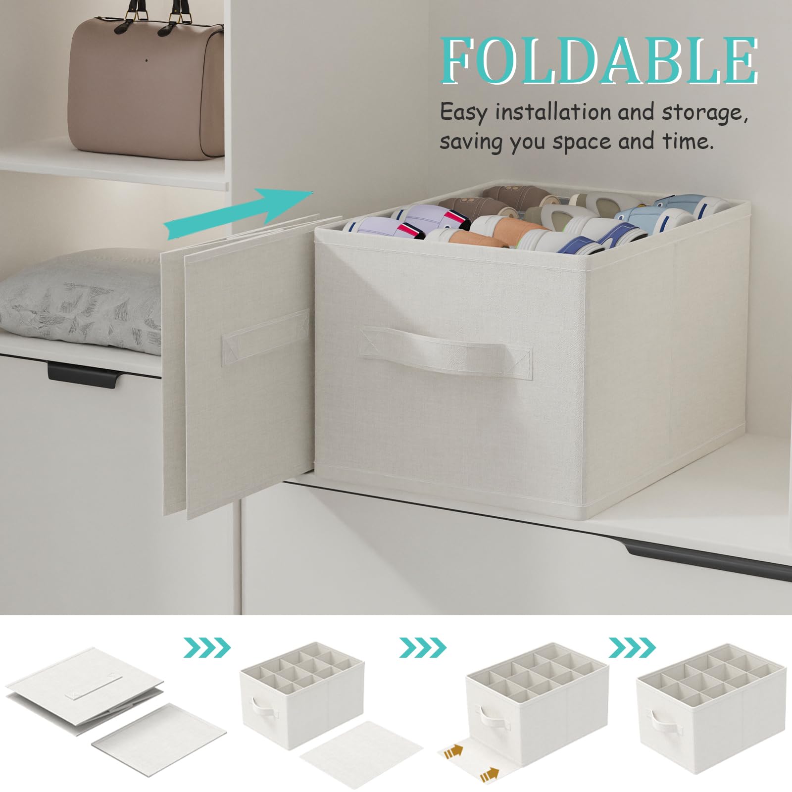 Organizador de Zapatos Para Closet, 2 Piezas Cestos Almacenaje con 3 Asas Reforzadas, Cajas Plegables Apta para 12-24 Pares, 42 x 32 x 26 cm, Blanco Marfil, XSNX02W-2