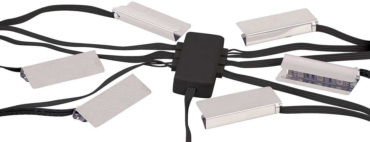 Lunartec iluminación para vitrinas: Juego de 2 LED-Iluminaciones de vidrio, 12 clips, 36 LEDs (iluminación placas cristal, para vitrina vidrio)