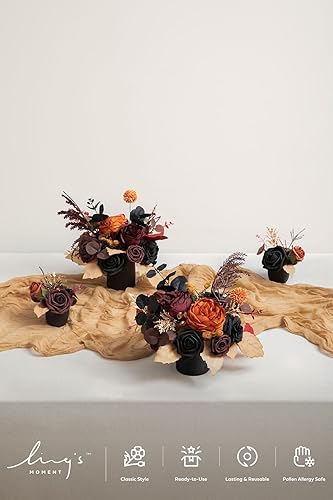 Miniatura 4 de Ling's moment Centro de mesa de boda flor con jarrón para ceremoniarecepción, mantel de mesa, arco, pasillo, juego de 4 negro y terracota