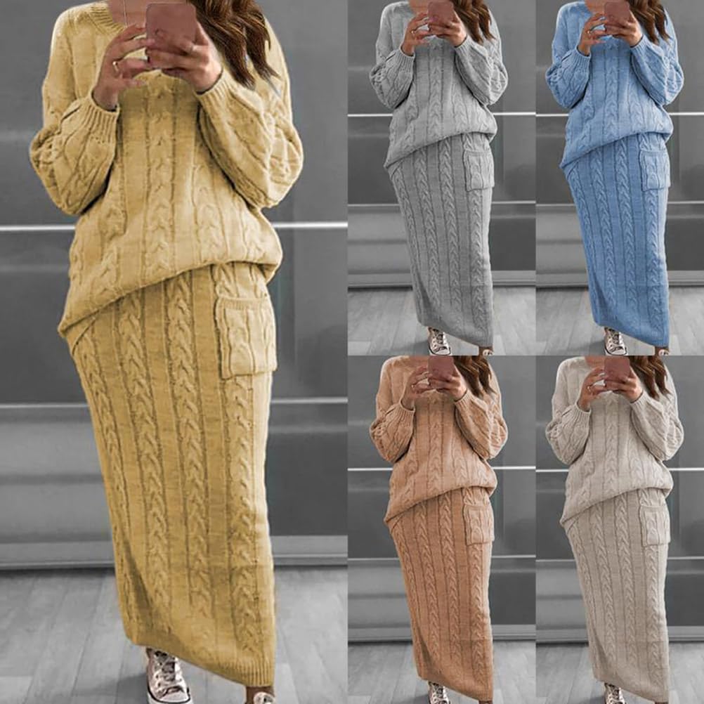 ORANDESIGNE Robe en Tricot Femme Ensemble 2 Pièces Pull à Col Rond et Tricoté Jupe Longue Crayon Tricoté Automne Hiver Ensembles de Jupe 2 Pièces