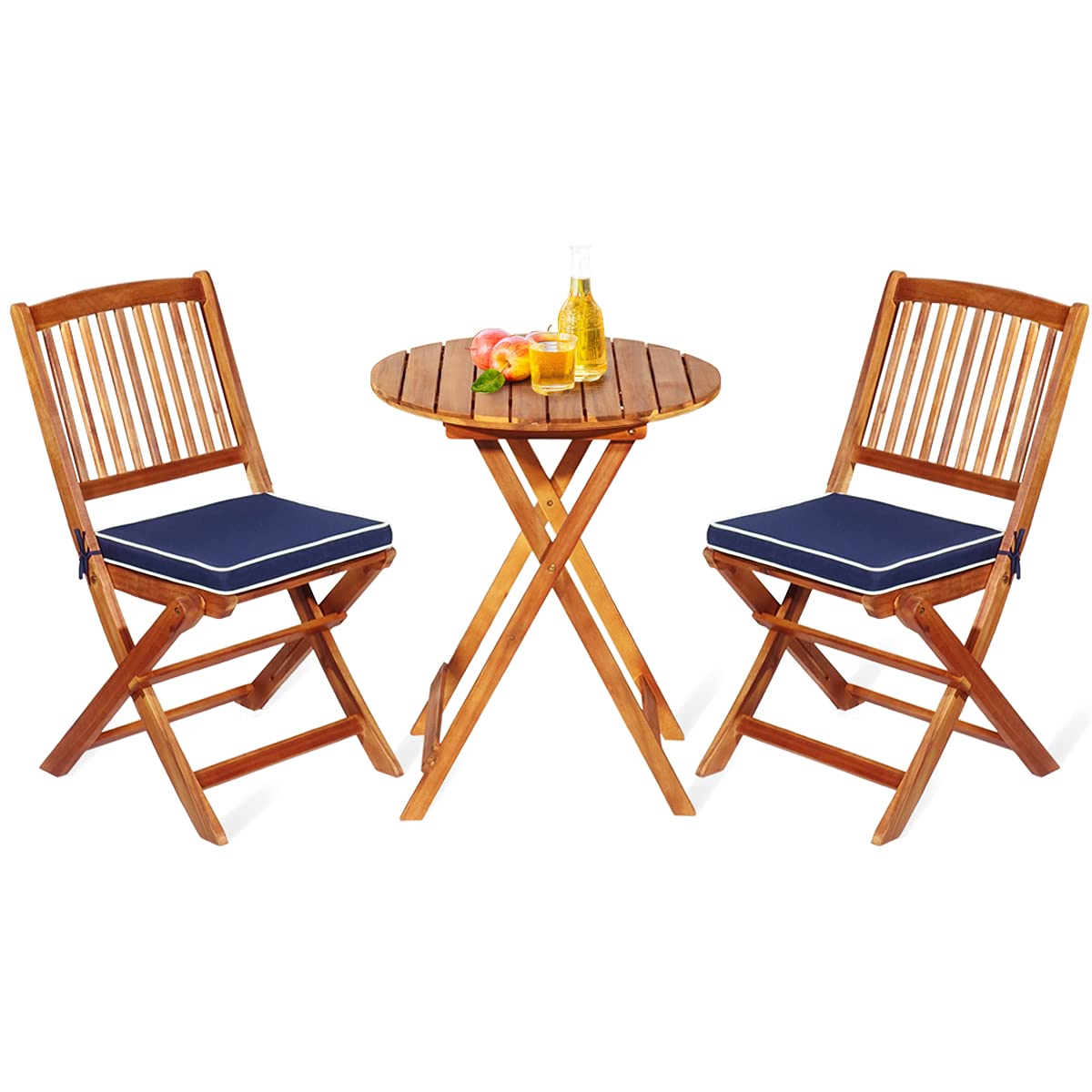 GOPLUS 3tlg. Gartenmöbel Set aus Akazienholz, klappbares Balkonmöbel-Set, inkl. Rundtisch und 2 Stühlen mit Kissen, Sitzgruppe, Sitzgarnitur, für Außenbereich (Blau)