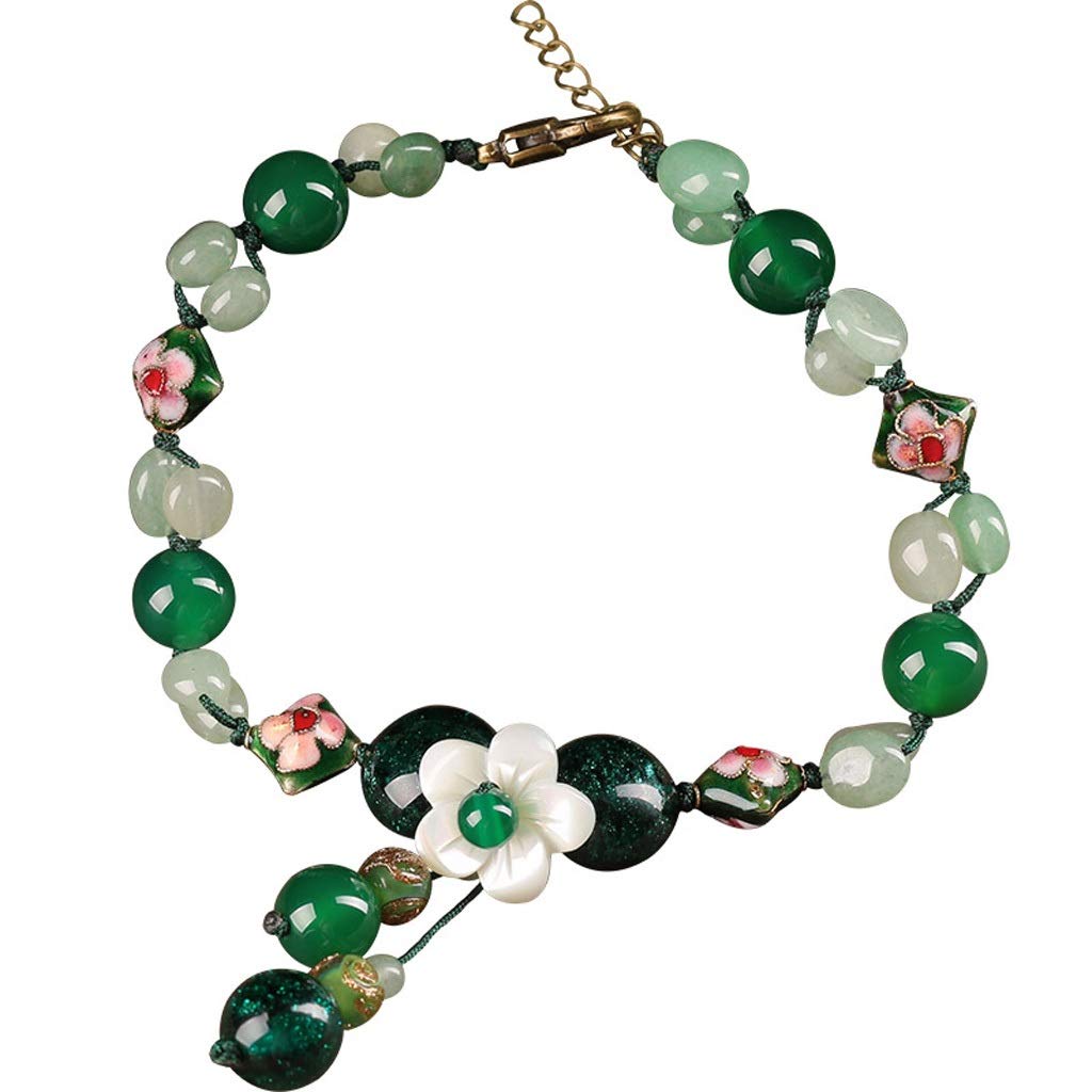 LNNSHX Cavigliera da Donna Squisiti Gioielli per Piedi in Vetro Verde Braccialetti a Lunghezza Regolabile con Catena Cinese Vintage con Perline Fatti a Mano