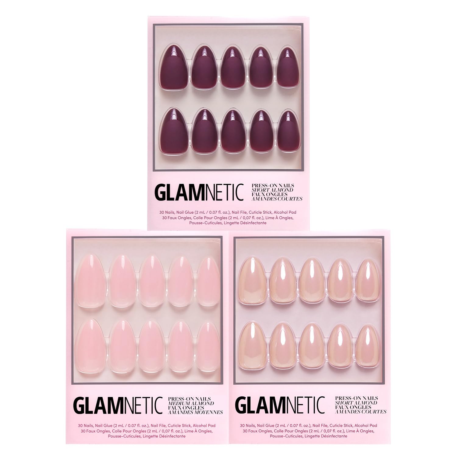 Glamnetic Press-On Nails Bundle - Cloud 9, Los Angeles & Merlot | Medium Pointed Pink Fake Nails with a Jelly UV Finish | Blush Nude Pink False Nails with a Glazed Finish | Matte S