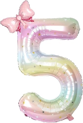 Globos arcoíris número 5 de 40 pulgadas y mini globos de mariposa, decoraciones de cumpleaños de mariposa para niñas, globos de cumpleaños de 5,