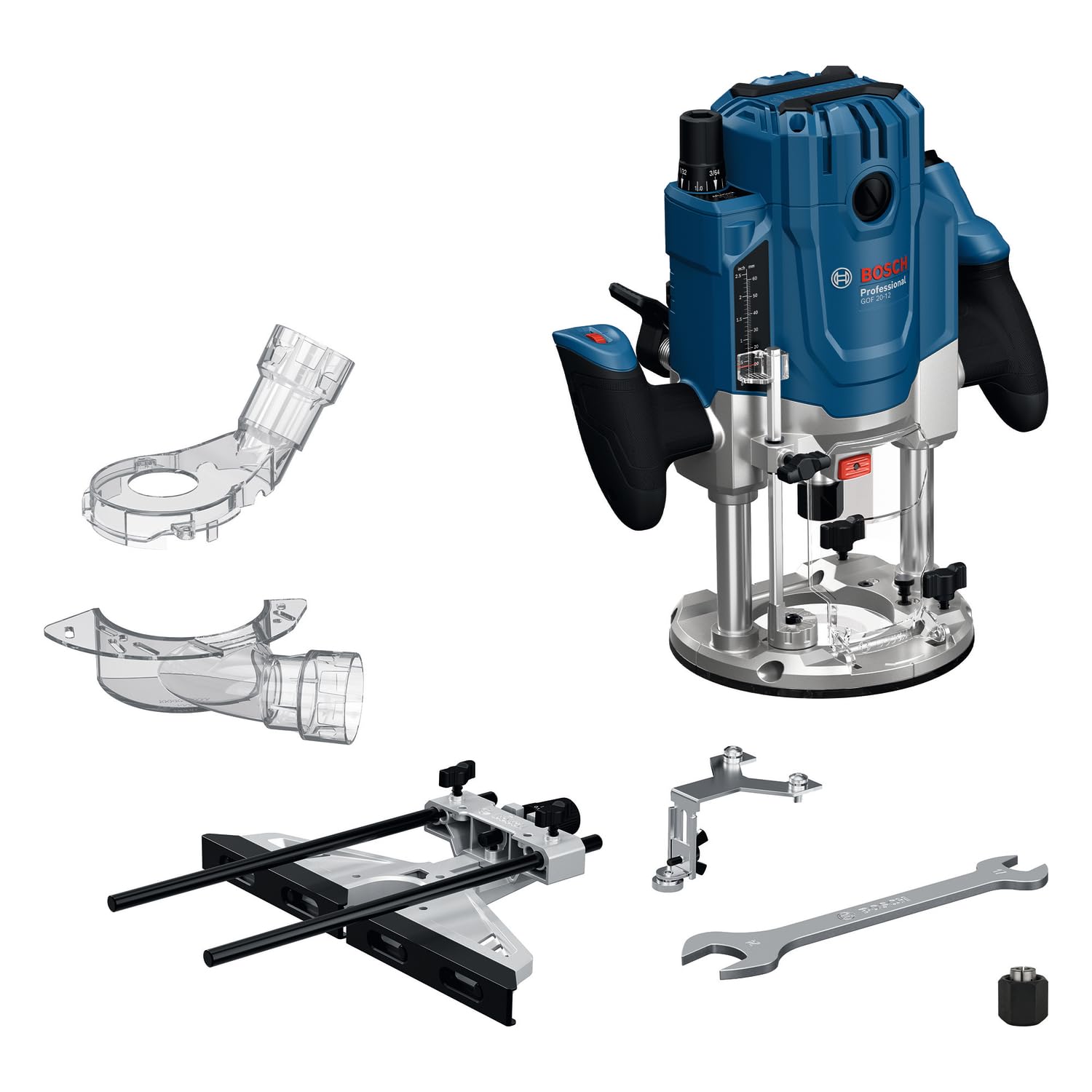 Bosch Professional kabelgebundene Oberfräse GOF 20-12 (2000W, inkl. Staubabsaugung, Rollenführung und Parallelanschlag, Zentrierstift, Steckschlüssel, Spannzangen-Set 12 mm, 8mm, 1x Kopierhülse)