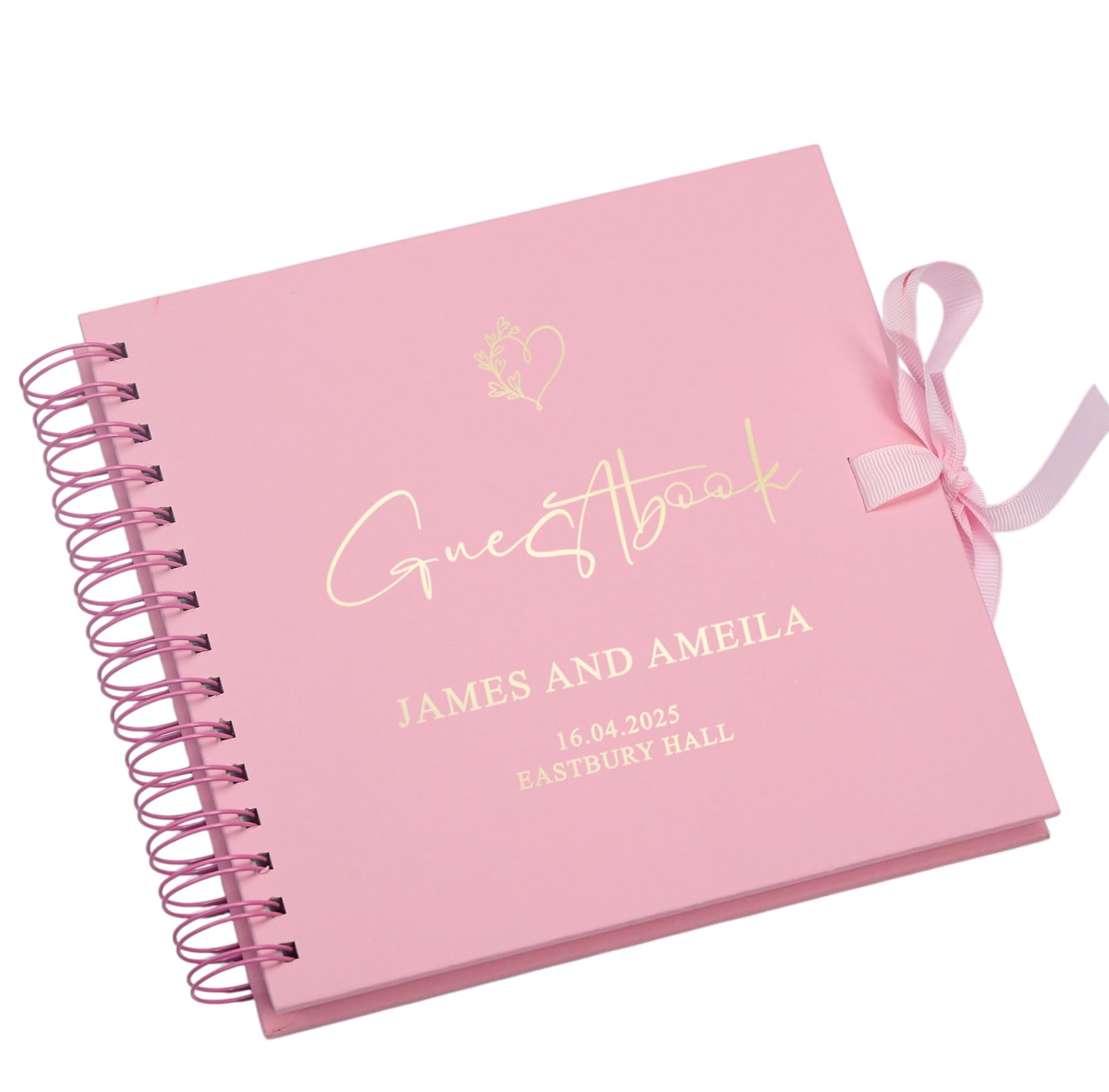 Personalised Wedding Guestbook with Delicate Heart Foil Design, 20.3 x 20.3 cm, Spiral Binding, Multiple Colours (Pink)