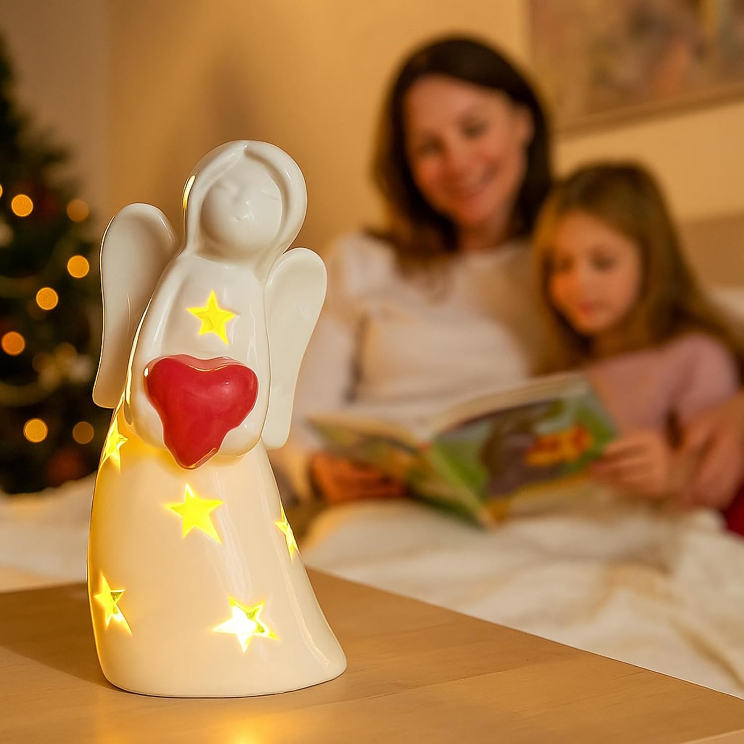 Guardian Angel Figurines with Light, Porcelain Angels Statue Decor with Painted Pink Heart 8 inch Healing Angel Statue, Ceramic Angel Memorial Gifts for Women Thanksgiving Christmas Home Decor - Image 5