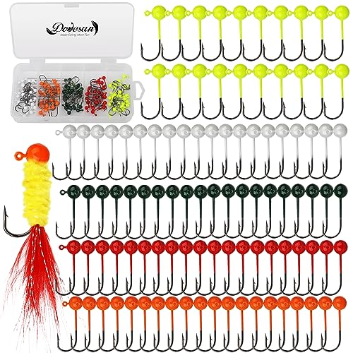 Dovesun 100pcs Fly Tying Jigs Kit Jig Heads for Fly Fishing 1/64oz Jig Head Fly Fishing Hooks DIY Lure Making Kit Suit for Tying Flies Ice Fishing | Crappie Lures