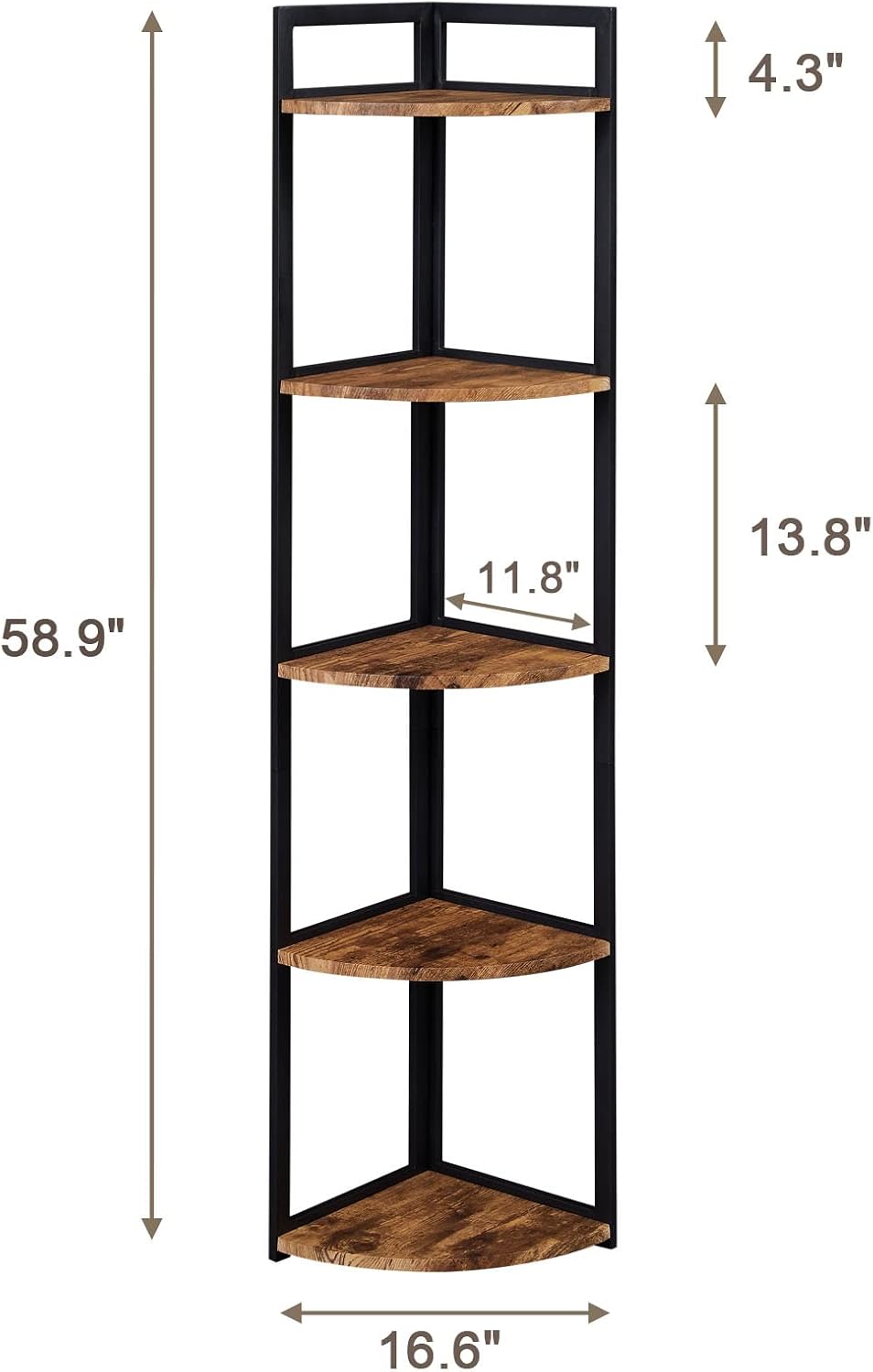 SUPERJARE Corner Shelf, Industrial 5-Tier Wall Corner Bookshelf with Metal Frame, Corner Shelf Stand Display Plant Flower, Corner Bookcase for Home, Office, Kitchen - Rustic Brown