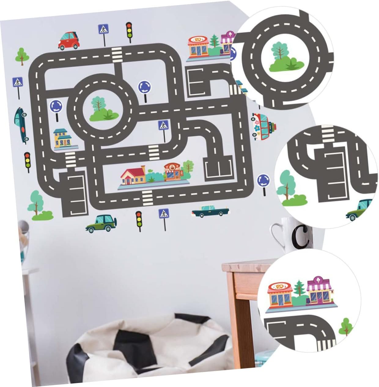 Kids Room Wall Stickers Traffic Light and Car Track Decals Peel and Stick Vinyl Wall Decor for Playroom Kindergarten 35.43X11.81 Inches
