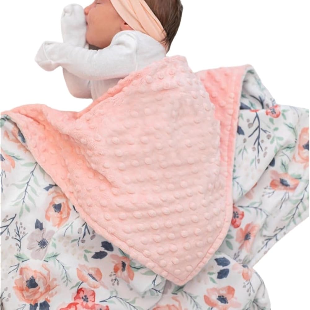 Baby Double Layer Soft Plush Minky Blanket With Dotted Backing for Boys Girls - Toddler Newborn Shower Gift (Blossom, 30 X 40 Inch)