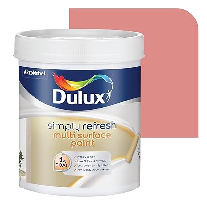 Dulux Simply Refresh SHADE OF PINK&RED DIY Multi Surface Paint Washable Coat, Low Drip Splatter with Soft Sheen Finish for Wall, Wood & Metal Surfaces - 1 L (Coral Beach)