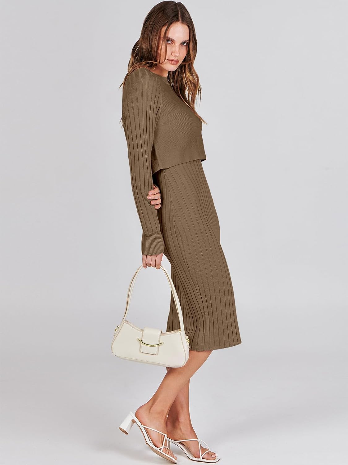 ANRABESS Womens 2 Piece Outfits Sweater Dresses Set Midi Skirt Sets Long Sleeve Crop Top Bodycon Ribbed Knit Dress 2025 Fall - Image 4