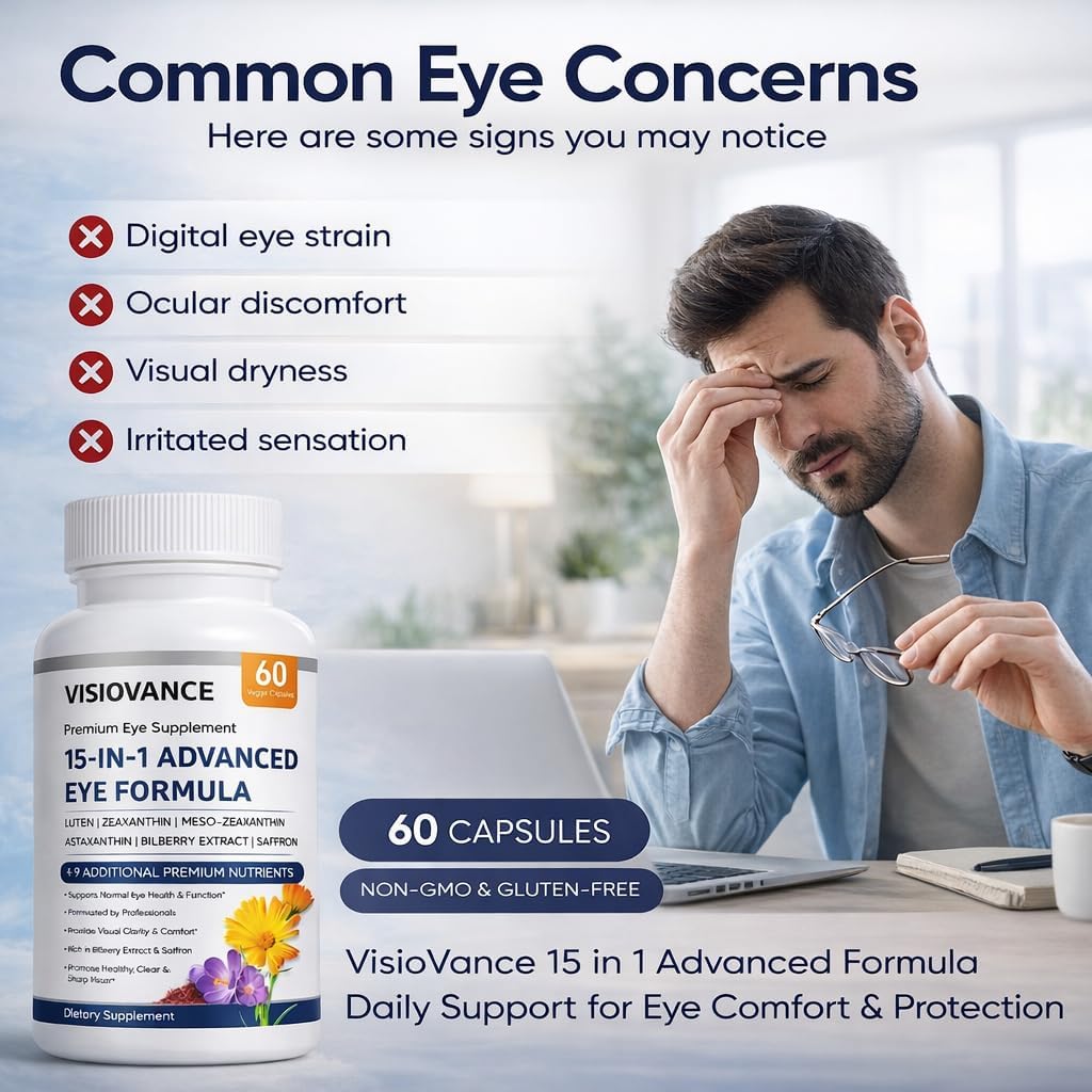 15 in 1 Advanced Eye Formula - Carotenoids, Lutein, Zeaxanthin & Antioxidant Blend, Daily Visual Support Formula for Screen Use & Overall Eye Wellness – 60 Capsules