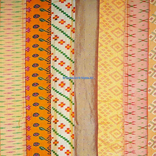 2 Pcs Set Indian Vintage Old Silk Fabric Patchwork Handmade Door Window Rod Pocket Home Decor Panel Curtain Set (Yellow Strip Patch, 84"X42" Each Panel) #TOP4
