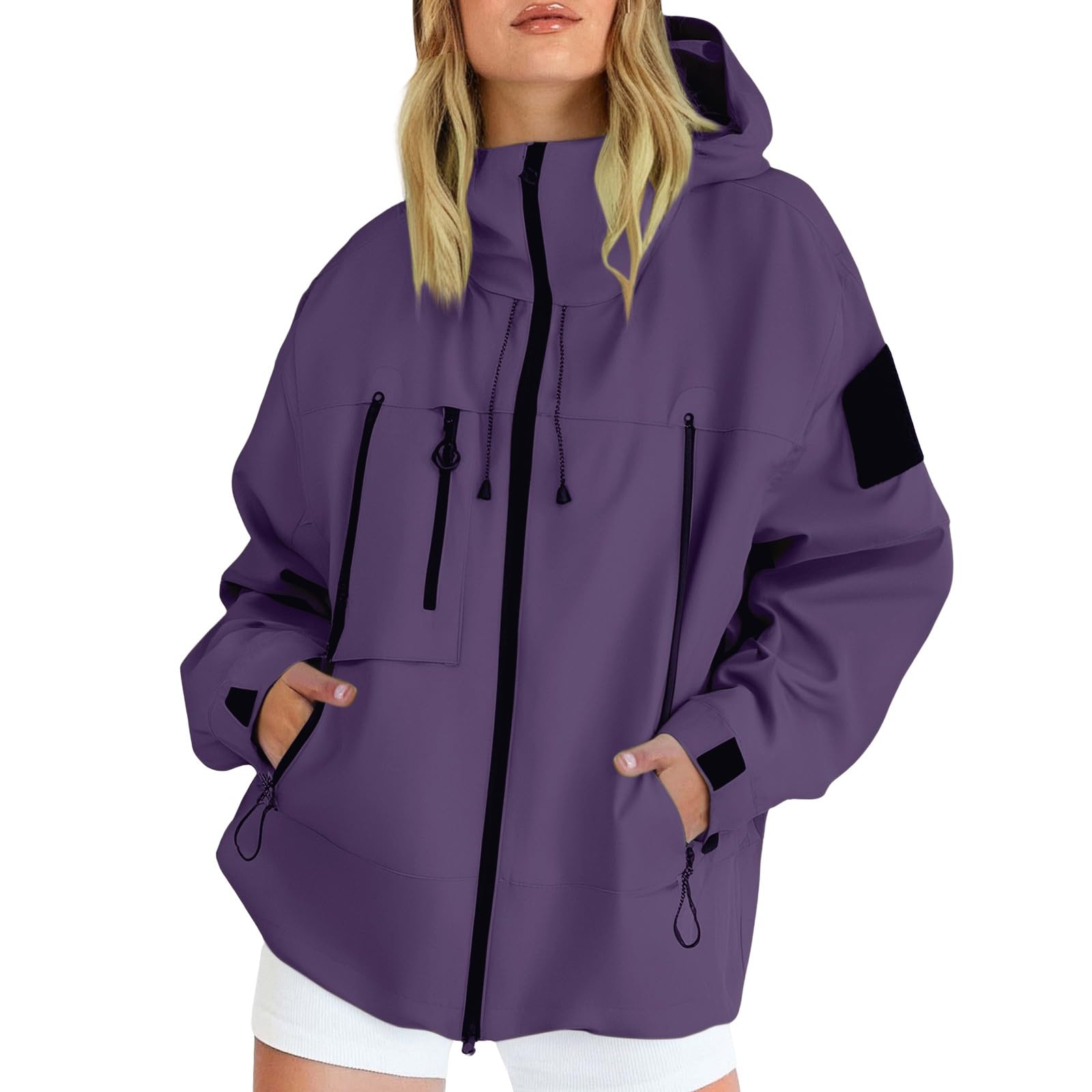 Bukknye Women's Purple Light Waterproof Jacket Raincoat Waterproof Jacket Lightweight Rain Coats Outdoor Rain Trench Coat Packable Hooded Raincoats With Multi Pocket Zipper Oversize