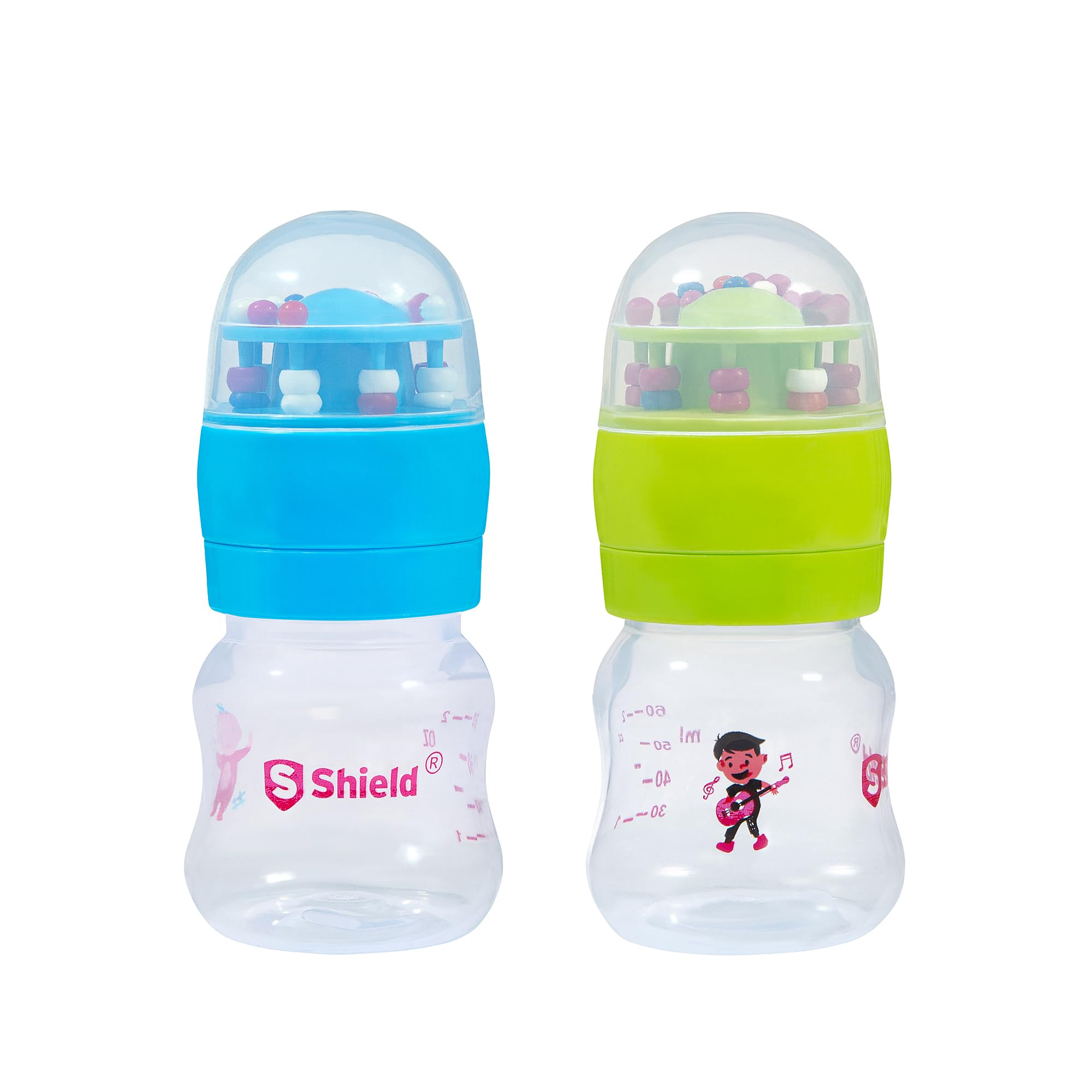 S SHIELD BABYRattle Cap Feeding Bottle with Toy Cap, with Slow Flow Nipples Made with Polypropylene Plastic, BPA Free (Safest Baby Feeding Choice) - 2oz/60ml (Pack of 2)
